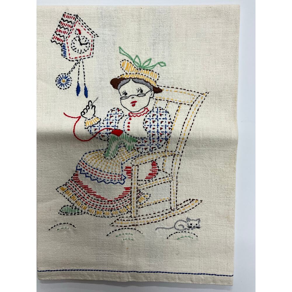 Vintage 2 Handmade Embroidery Kitchen Dish Towels Grandma Grandpa Rock'n NEW - Picture 3 of 7